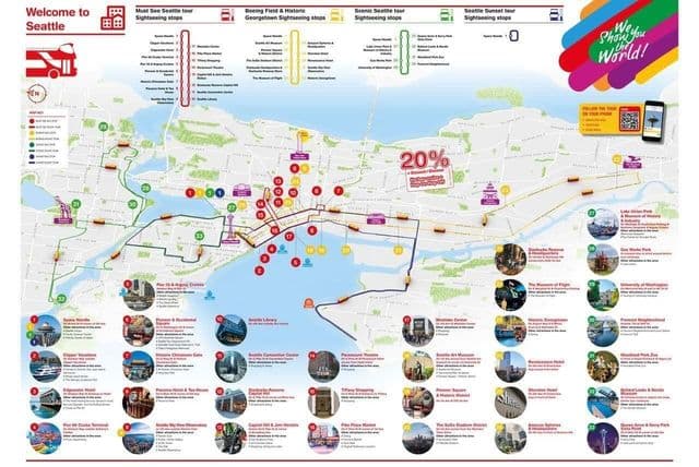 Mapa de las rutas de autobús Hop On Hop Off de Seattle