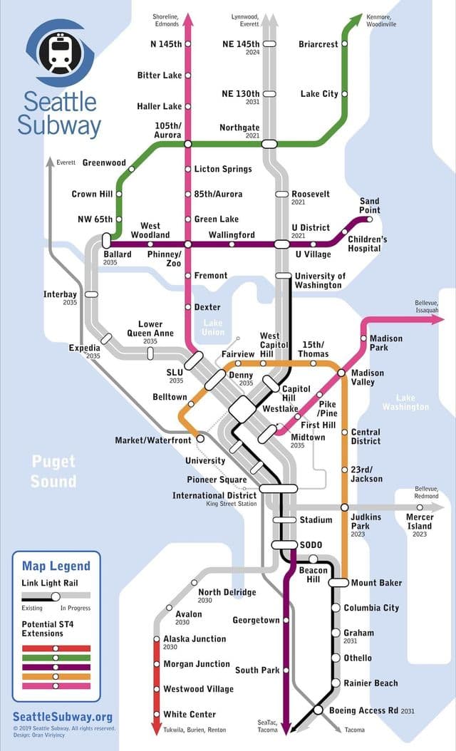Mapa de las estaciones de metro de Seattle