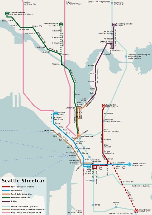 Mapa de las estaciones de tranvía de Seattle