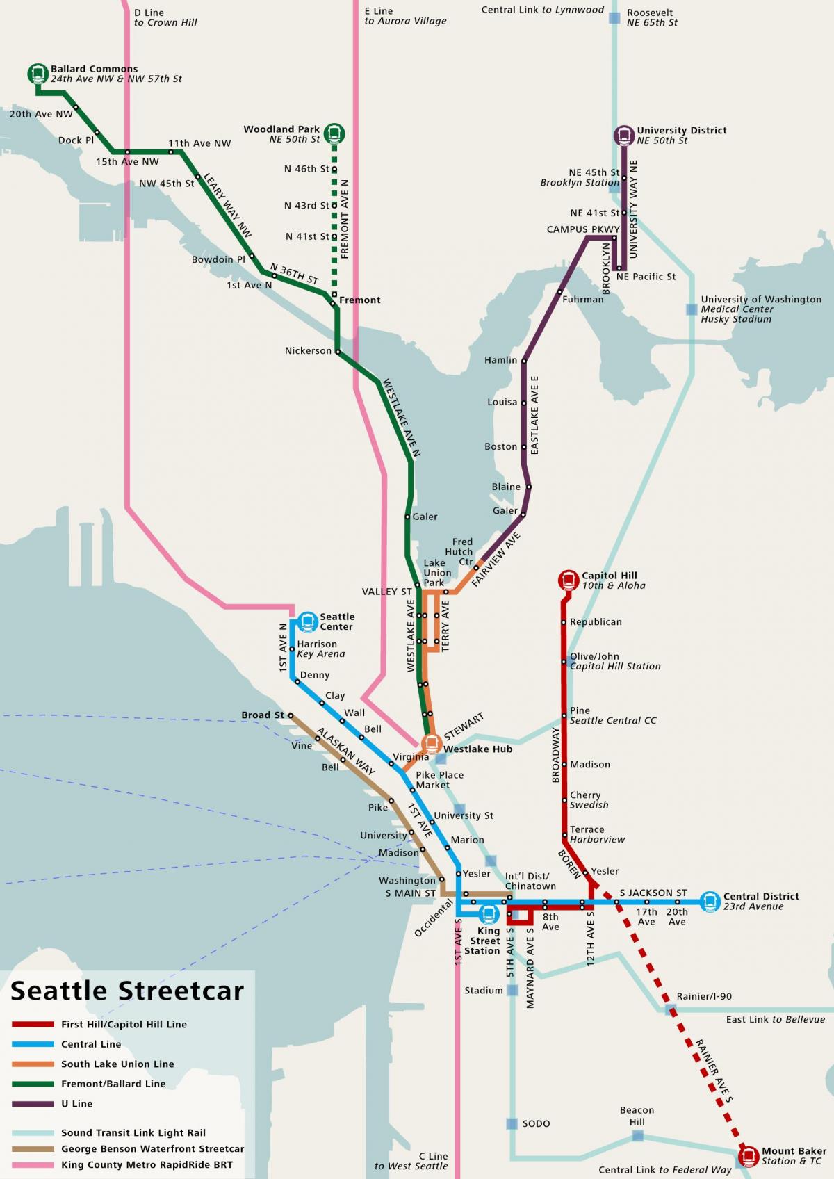 Mapa de las estaciones de tranvía de Seattle